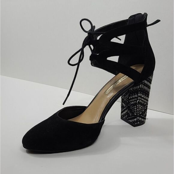 Audrey Brooke Black Ankle Suedette Block Heel Shoe - Picture 4 of 10